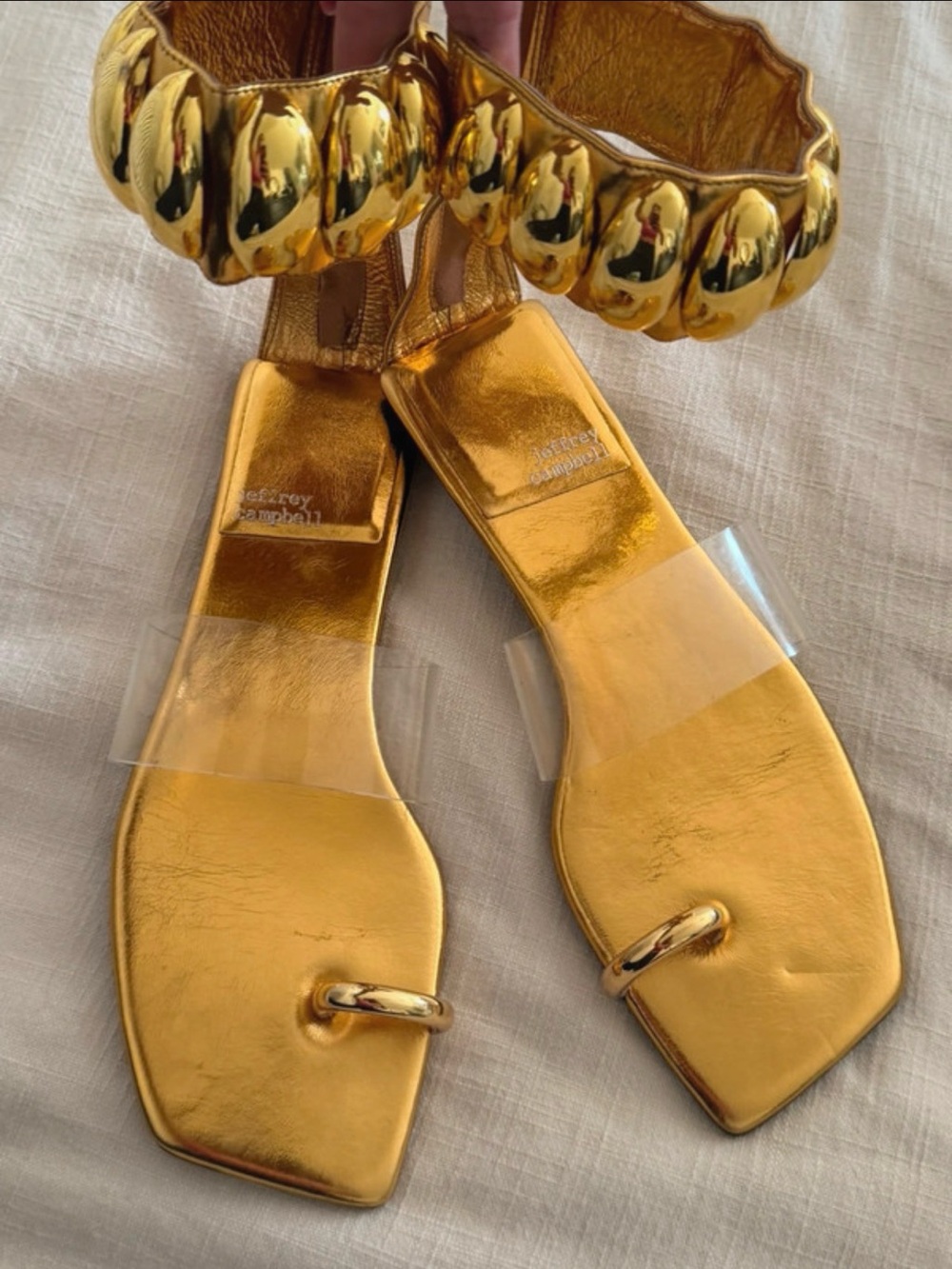 Jeffrey Campbell Gold Metallic Ankle-Cuff Toe-Ring Sandals